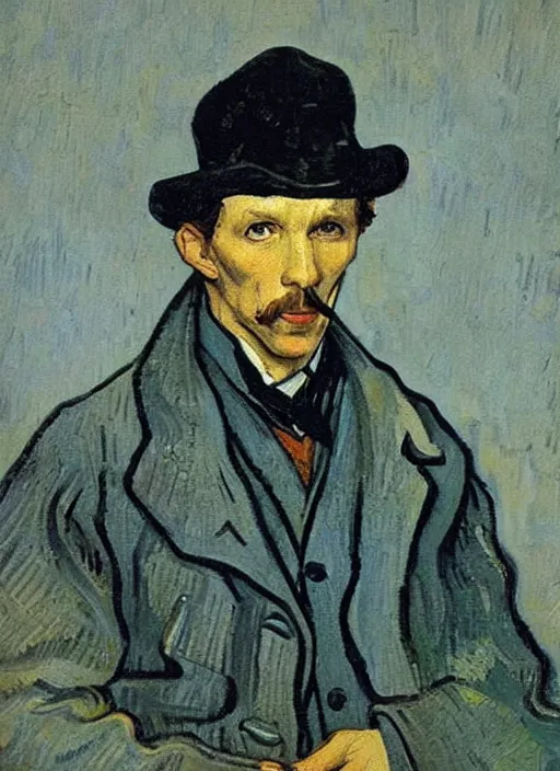 Image similar to lifelike oil painting portrait of sherlock holmes by van gogh