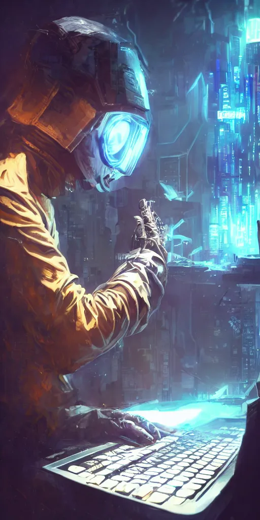 Image similar to concept art, cyberpunk alchemist tapping computer keyboard, backlight, mystery, omnipotent, high detail, 8 k.