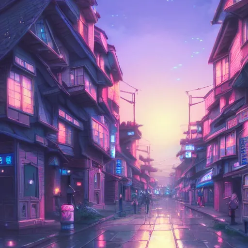 Prompt: A beautiful ultradetailed anime illustration of a city street by beeple, makoto shinkai, and thomas kinkade, anime art wallpaper 4k, anime, photorealistic, trending on artstation
