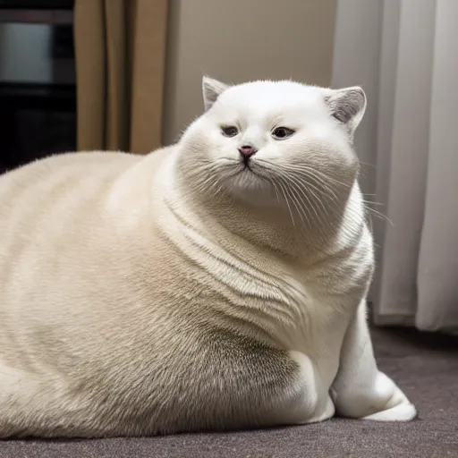 Prompt: a huge Chonker Cat sitting indoors, oh lawd he coming, professional photo, full body view, beautiful cat feet, ((((((((((((seal like figure)))))))))))), XF IQ4, 150MP, 50mm, F1.4, ISO 200, 1/160s, natural light