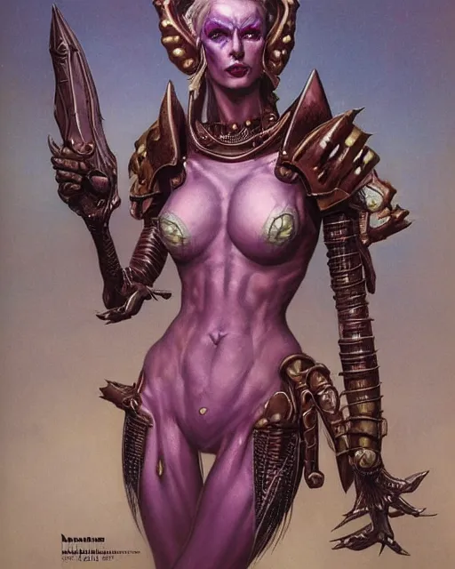 Prompt: portrait of a beautiful savage slaanesh creature female warhammer 4 0 k, wearing futuristic armor, by norman rockwell