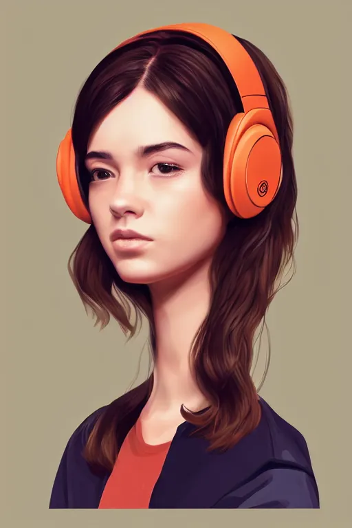 Image similar to portrait georgian girl looking to the right, wearing beats headphones. short brown hair, white jumper. lit from the right side, orange light. centered median photoshop filter cutout vector behance hd artgerm jesper ejsing!