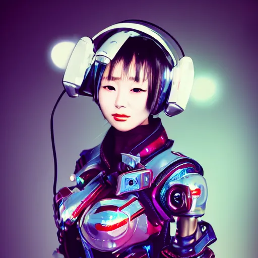 Image similar to photorealistic portrait of cute cyber punk geisha girl from Japan. she is wearing heavy complicated future headsets. award winning, taken by canon 5d mk4, art lens, perfect lighting, sci-fi, at 2200