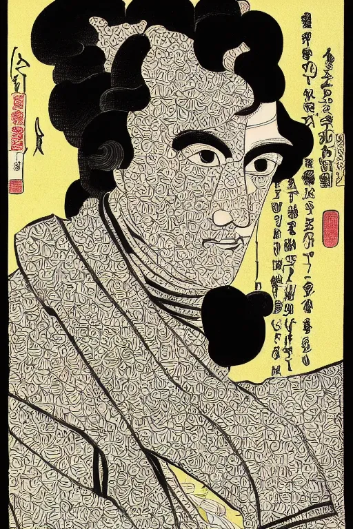 Image similar to An illustration of Caetano Veloso in the style of Utagawa Kunisada in high resolution.