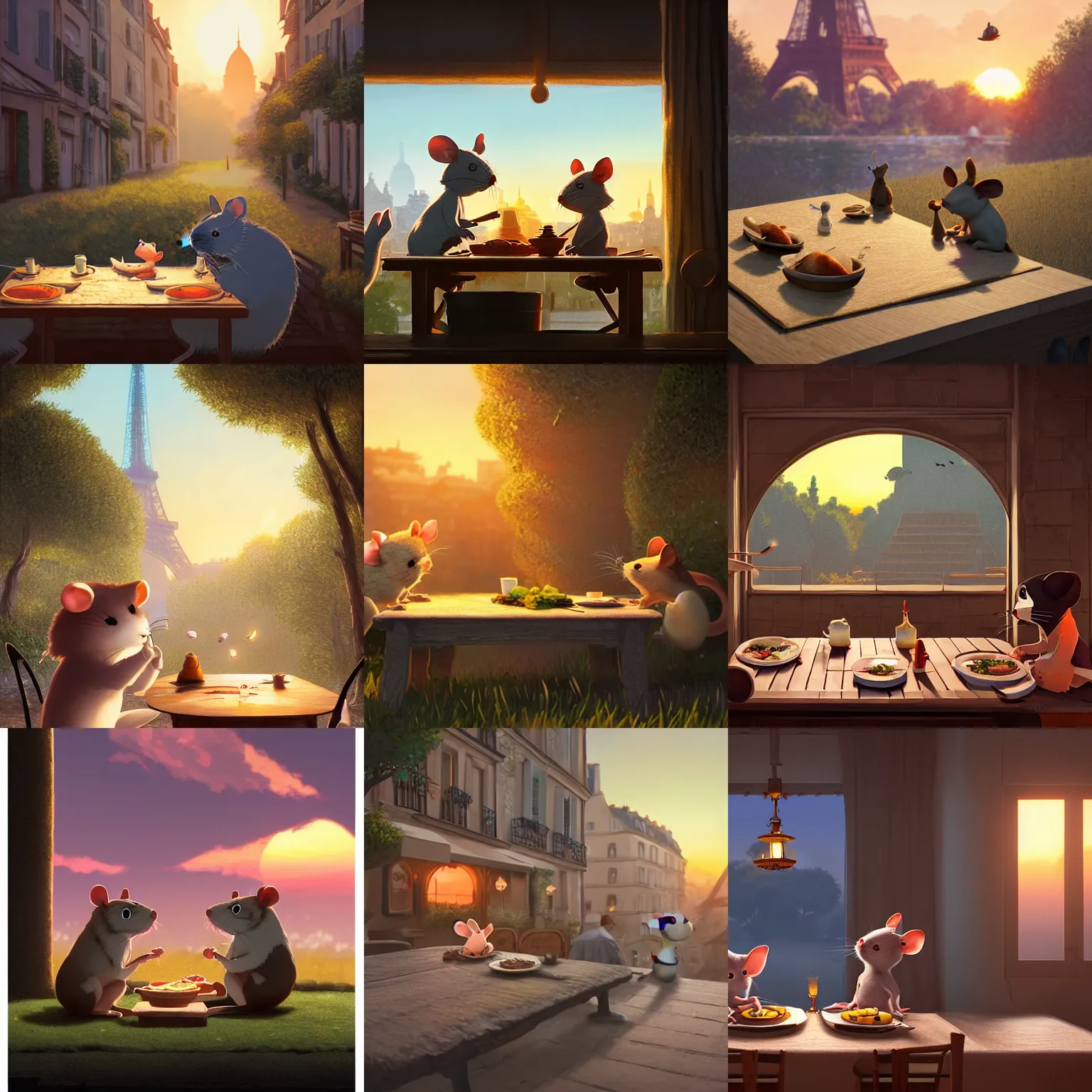 Prompt: cottagecore illustration of two mice having a dinner in Paris, studio Ghibli animation, sharp, rendered in Unreal Engine 5, art by Greg Rutkowski, dramatic, bloom, lighting, sunset