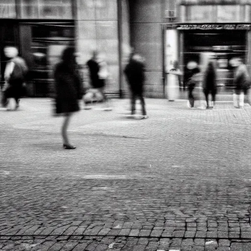 Prompt: A pinhole-styled photograph of surrealist street photography, shallow depth of field, wide-angle lens