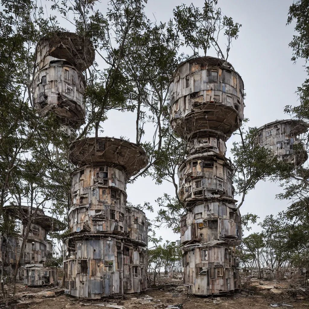 Prompt: a circular tower, made up of makeshift squatter shacks, dystopia, sony a 7 r 3, f 1 1, fully frontal view, ultra detailed, photographed by sugimoto hiroshi,
