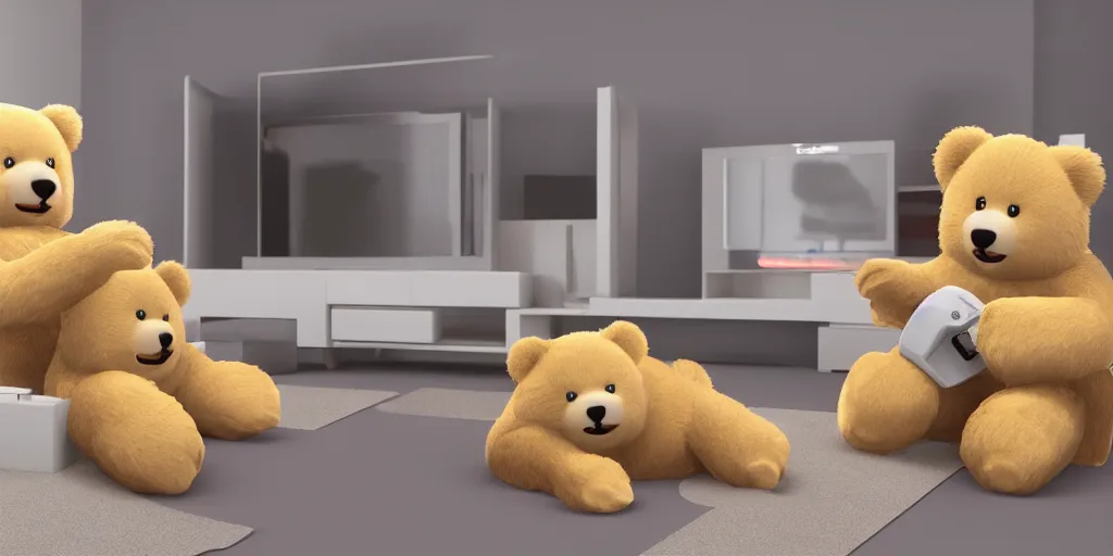 Image similar to two fluffy bears playing nintendo with tv from 1 9 7 0, octane render, 8 k resolution, cinematic