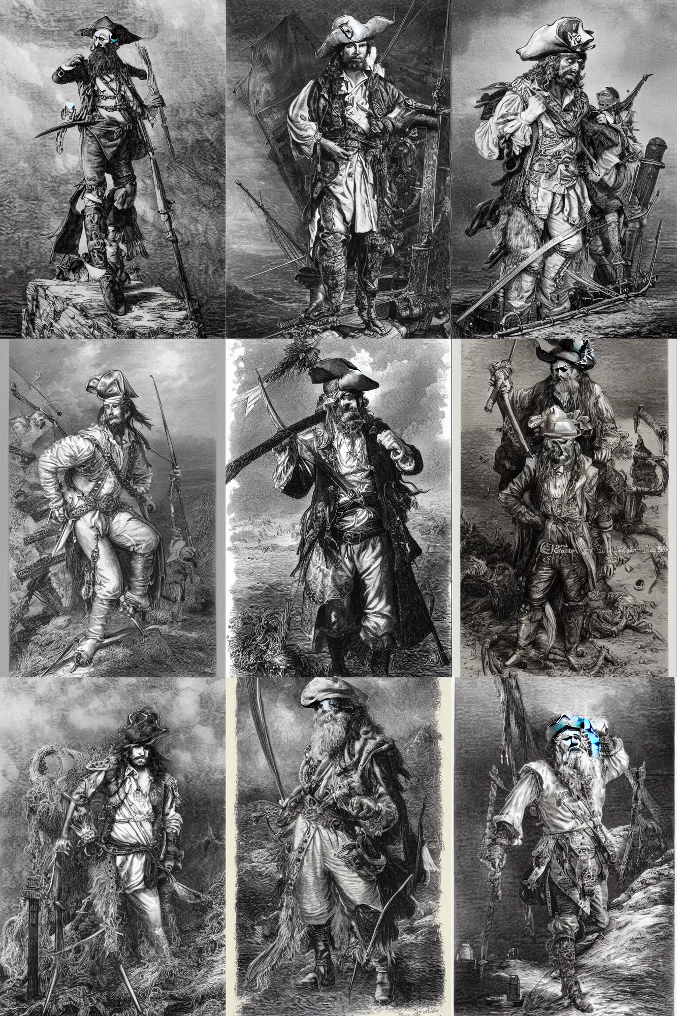 Prompt: an portrait engraving of the pirate long john silver by gustave dore, ian miller, treasure island, highly detailed, storybook illustration, lithograph engraving