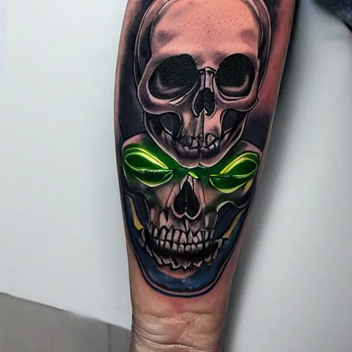 Prompt: dark tattoo and snake wrapping around skull, green acid colors