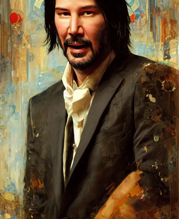 Image similar to portrait of keanu reeves, joyful, highly detailed painting by gaston bussiere, craig mullins, j. c. leyendecker 8 k,