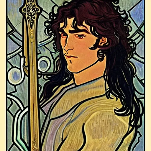 Image similar to painting of young handsome beautiful paladin elf!! man with long! dark hair, elf paladin fighting goblins with his sword, armor, modest, art by alphonse mucha, vincent van gogh, egon schiele,