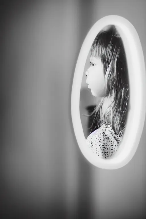 Image similar to little girl looking in a mirror, bokeh, 3 5 mm, beautiful