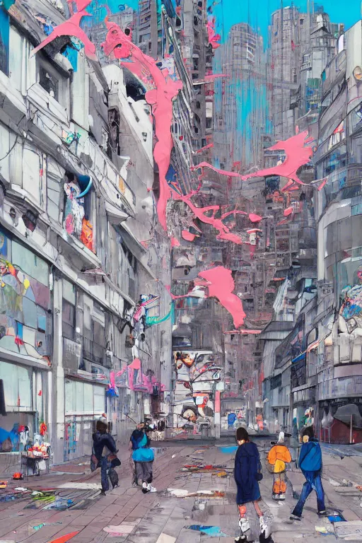 Image similar to people in a busy city people looking at a white building covered with graffiti paint dripping down to the floor, james jean, painterly, yoshitaka amano, hiroshi yoshida, moebius, loish, painterly, and artgerm, illustration