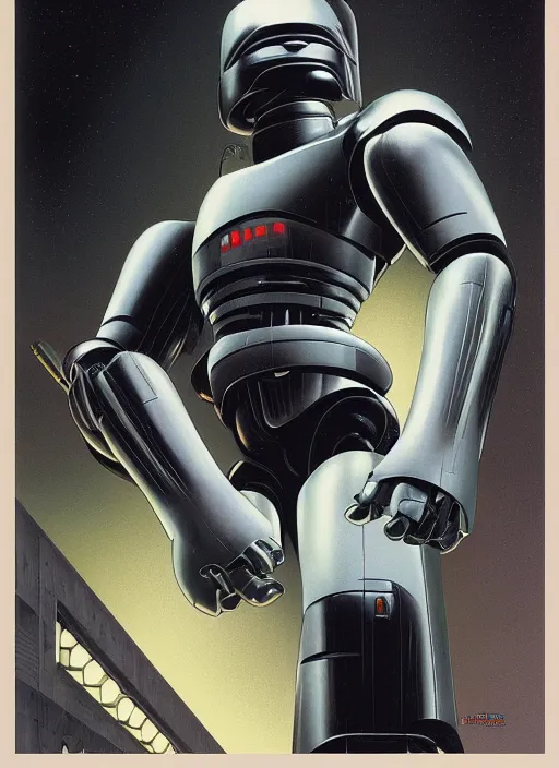 Image similar to Robocop by Ralph Mcquarrie, highly detailed, sharp focus, illustration