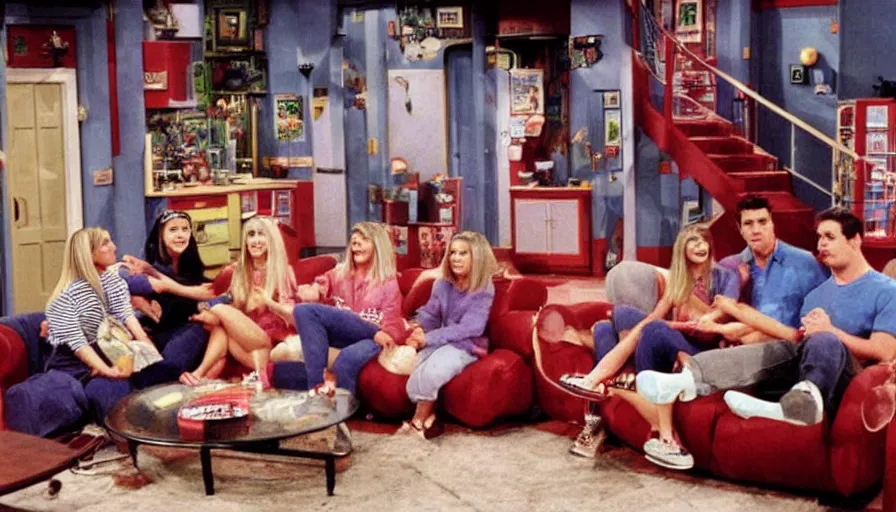 Prompt: 1990s photo of inside the Friends Show themed roller coaster at Universal Studios in Orlando, Florida, people riding a sofa coaster through the Friends apartments , cinematic, UHD