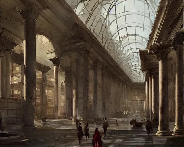 Prompt: a mall in the style of ancient imperial rome cities, art by greg rutkowski and artgerma, stunning concept art, interior design architecture