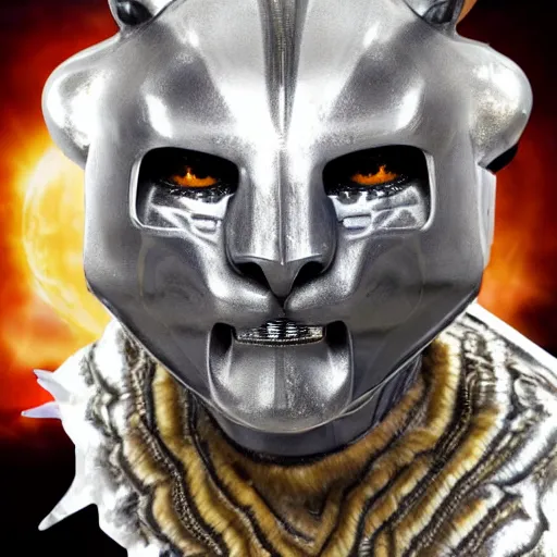 Image similar to silver tiger-like features on a humanoid face wearing space armor, yellow eyes, teeth like a saber tooth and fine grayish fur