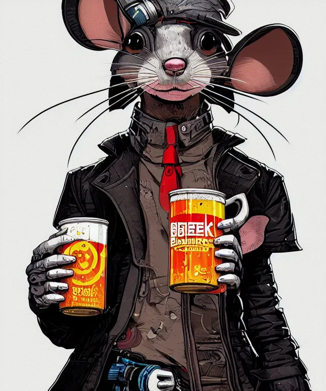 Image similar to a portrait of an anthropomorphic cyberpunk mouse holding a can of beer, cyberpunk!, fantasy, elegant, digital painting, artstation, concept art, matte, sharp focus, illustration, art by josan gonzalez