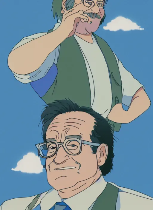 Image similar to illustration of Robin Williams, by Studio Ghibli, 8k, film still, cinematic, sharp focus, concept art, smooth