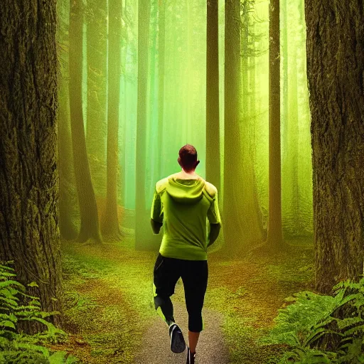 Prompt: Very highly detailed a guy in acid-green athletic sneakers runs through a forest with tall trees, a photo from the back in perspective, Rendered by Octane Render, art by Dan Mumford