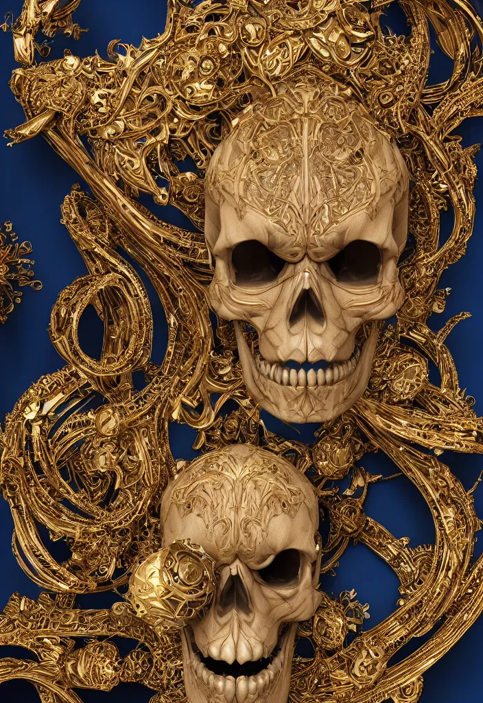 Image similar to portrait of a 3d render ultra detailed skull, art deco, intricate gears details, hyperrealistic, ultra detailed, elegant, octane render, blue and gold, 8k, trending on Artstation, unreal engine