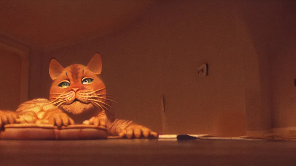 Image similar to a strange Garfield crawls on the living room ceiling, film still from the movie directed by Wes Anderson with art direction by Zdzisław Beksiński, wide lens