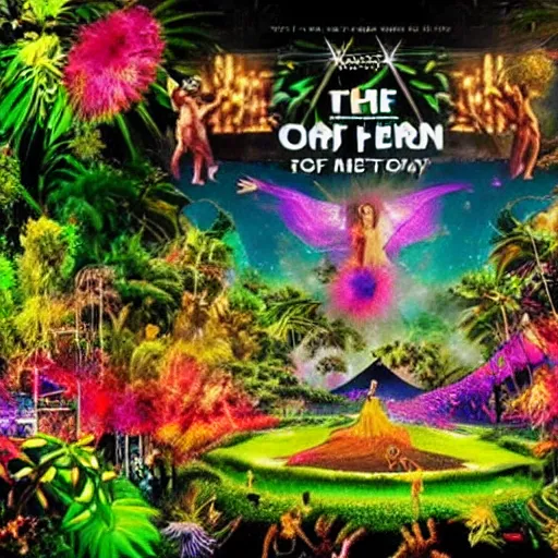 Image similar to the garden of eden but it's an edm festival