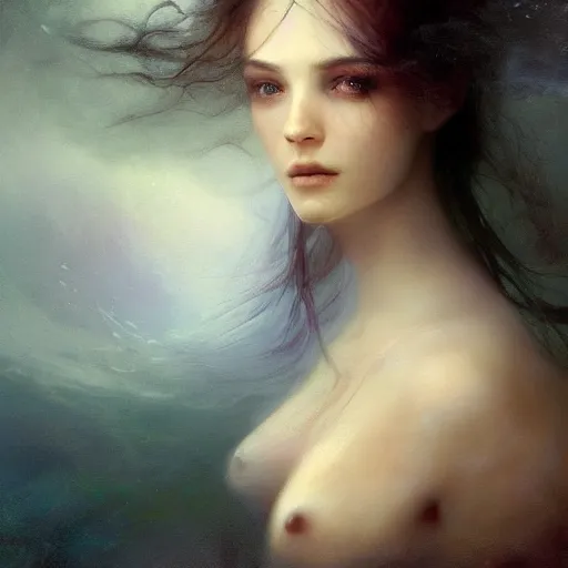 Prompt: dreams of the fae; three-quarters portrait; heterochromia; oil paints; 8k, surrealism, abstract imagery by Aleksi Briclot and Ivan Aivazovsky; blotchy skin, piercing eyes, flowing hair, underwater