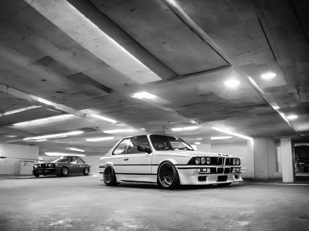 Image similar to a modified bmw e 3 0 with lights on in a futuristic neon parking garage, 3 5 mm photography, car photography, clean lines, realistic