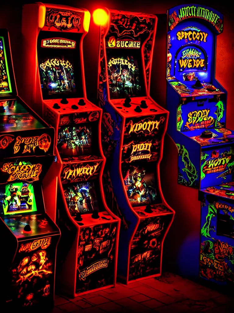 Image similar to haunted arcade machine, spooky, horror, overhead lighting, alluring lights hdr