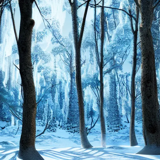 Image similar to professional digital art of a forest made of ice, high quality, cinematic lighting, hd, 4 k, 8 k