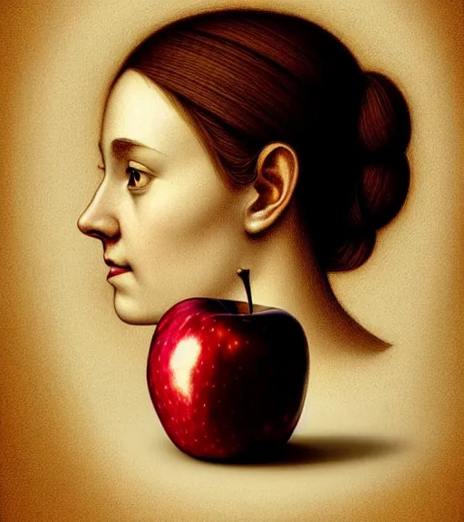 Image similar to portrait of an apple sitting upon a table with heightened detail, poised, intense emotion, detailed facial expression, detailed surroundings, intricate, elegant, highly detailed, centered, digital painting, artstation, concept art, smooth, sharp focus, illustration, by ( leonardo da vinci ), wlop