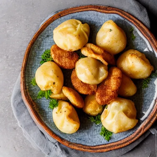 Image similar to a plate of fried pelmeni with a side of fried chopped potatoes