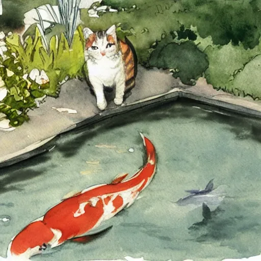 Prompt: cat looks at koi pond, intricate watercolor illustration by john singer sargent