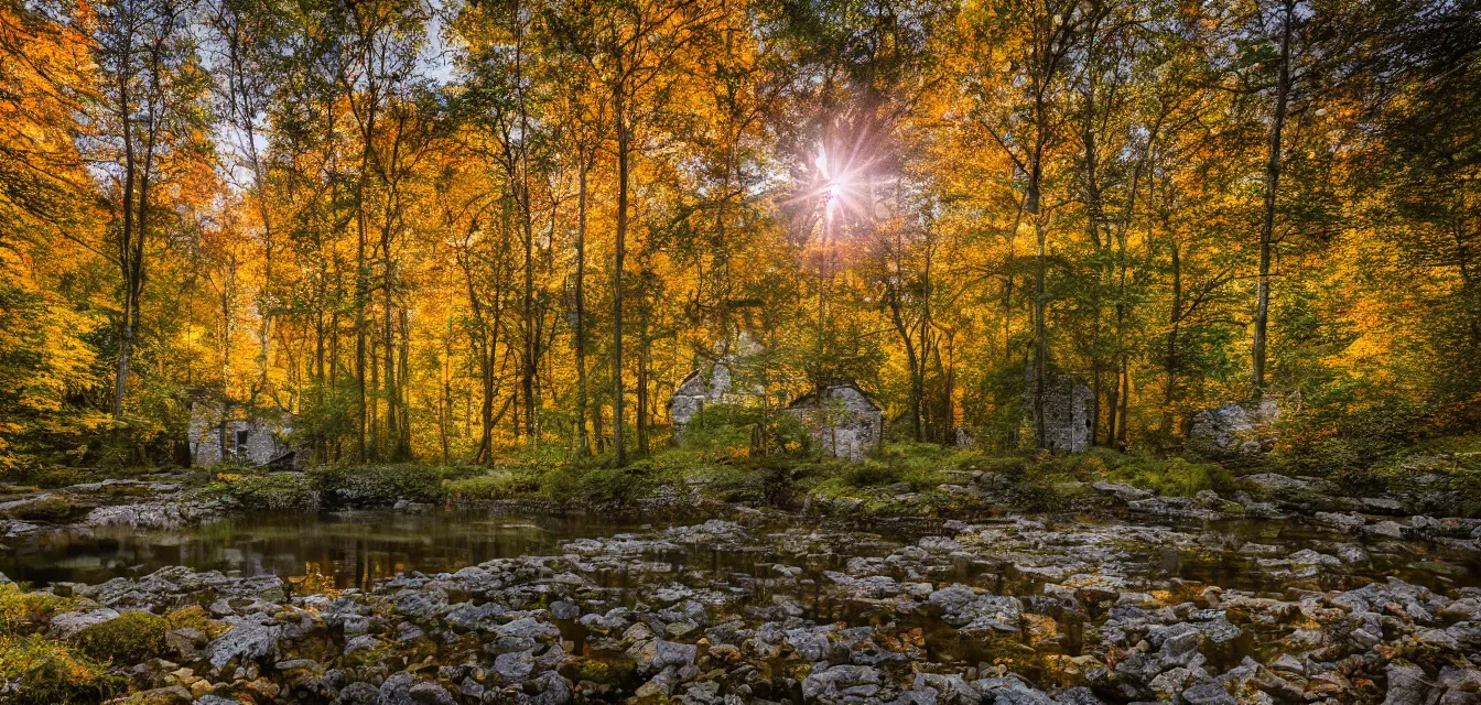 Prompt: stone cottages underneath a dense tall forest, pristine ponds. bodyscapes. fine painting intricate brush strokes, bright depth oil colors. 2 8 mm perspective multisourced photography by araken alcantara. intense promiseful happiness, autumn sunrise warm hdri forest light