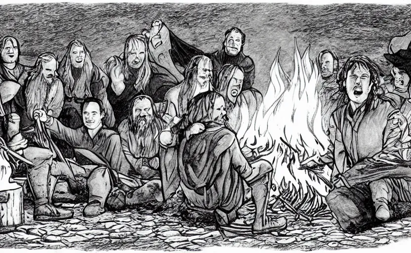 Image similar to illustration of the fellowship of the ring making s'mores around a campfire