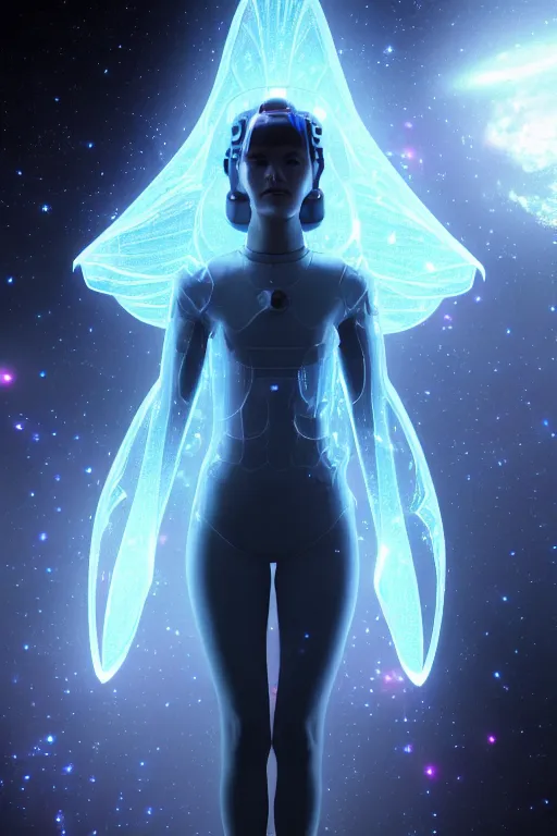 Image similar to the power of light transparent fairy looking at you with a blured snapshot of the universe in the background from'lost in space ( 2 0 1 8 ) ', frontal view, long shot, cinematic light, realistic shaded lighting cyberpunk futuristic, digital art, trending on artstation, highly detailed, fine detail, intricate, masterpiece,