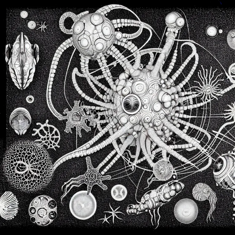 Prompt: a black and white drawing of a variety of sea life and filled with gundam mech equipment space station, a microscopic photo by ernst haeckel, zbrush central, kinetic pointillism, bioluminescence, intricate patterns, photoillustration