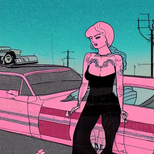 Image similar to a colorfully detailed comic noir style illustration of a tattooed woman posing next to a pink Cadillac in a post-apocalyptic desert by queens of the stone age and sachin teng, dark vibes, street art, cinematic, high contrast, depth of field