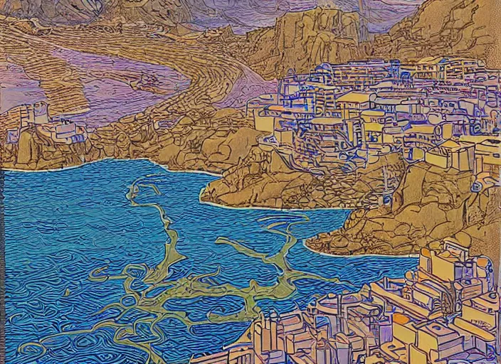 Image similar to Gran Canaria at the style of Moebius, fine details