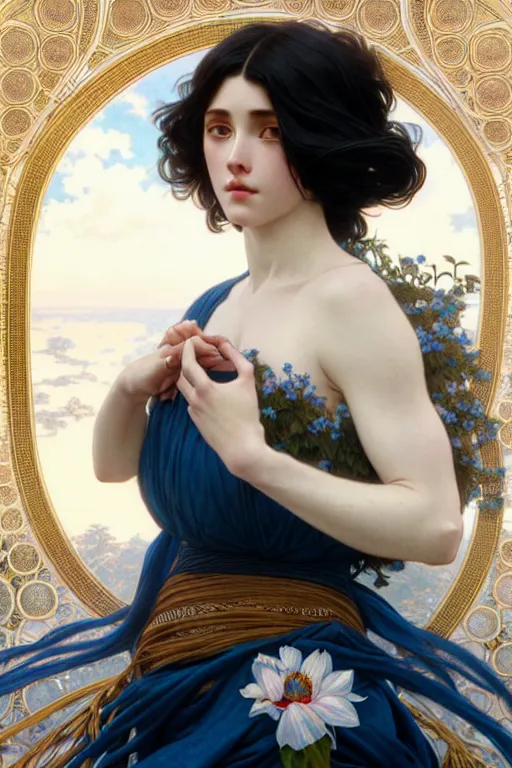 Prompt: ultra realistic, Beautiful black haired woman, Porcelain white complexion, big blue eyes, wearing dress blowing in the wind, detailed background, intricate details, highly detailed, octane render, 8k, art by artgerm and alphonse mucha and greg rutkowski