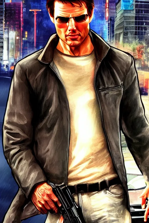 Prompt: a medium shot of tom cruise, in the style of gta 4 cover art, highly detailed, trending on artstationhq