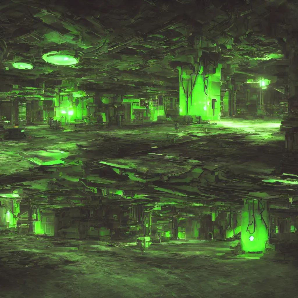 Prompt: secret under ground base with a green glowing uranium tank, concept art, digital art, octane render, xray melting colors