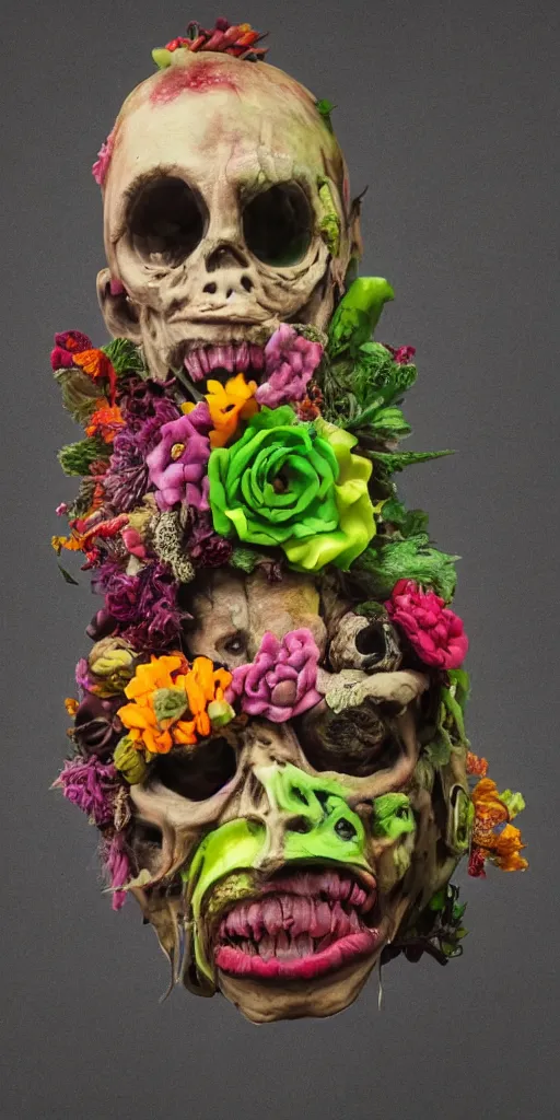 Image similar to portrait of a zombie punk, head made of fruit and flowers in the style of arcimboldo, photorealistic, dynamic lighting, action figure, clay sculpture, claymation, soft multicolor background