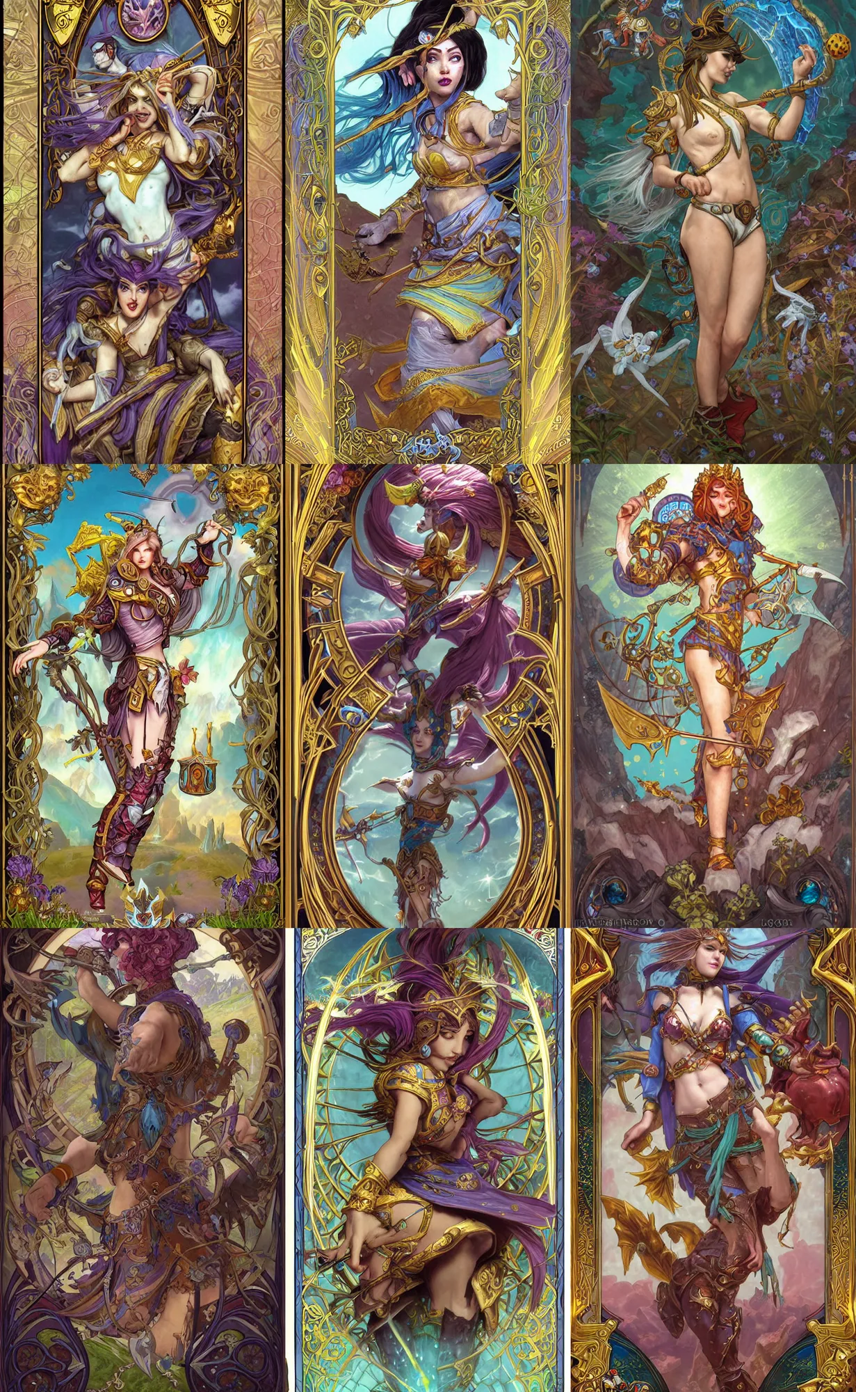 Prompt: the fool from the riderwaite tarot deck, fantasy, whimsical, dungeons and dragons, league of legends splash art, heroes of the storm splash art, hearthstone splash art, world of warcraft splash art, overwatch splash art, art by artgerm, art by alphonse mucha, intricately detailed, highly detailed, trending on artstation