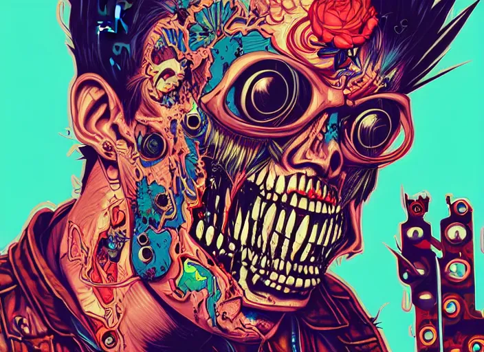 Image similar to a zombie punk rocker with a mohawk playing electric guitar, tristan eaton, victo ngai, artgerm, rhads, ross draws, rule of thirds by francis tneh