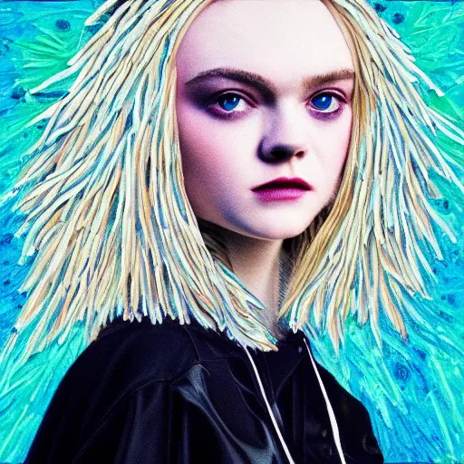 Prompt: professional painting of Elle Fanning in the style of a Crystal Castles album cover, head and shoulders portrait, symmetrical facial features, smooth, sharp focus, illustration, intricate, stormy weather, extremely detailed masterpiece,