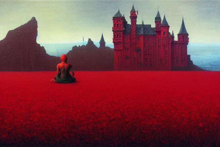 Image similar to only with red, red flowers of different types, red castle in background, red medieval goblins, in the style of beksinski, parts by edward hopper, parts by rodcenko, parts by yue minjun, intricate and epic composition, red by caravaggio, insanely quality, highly detailed, masterpiece, red light, artstation, 4 k