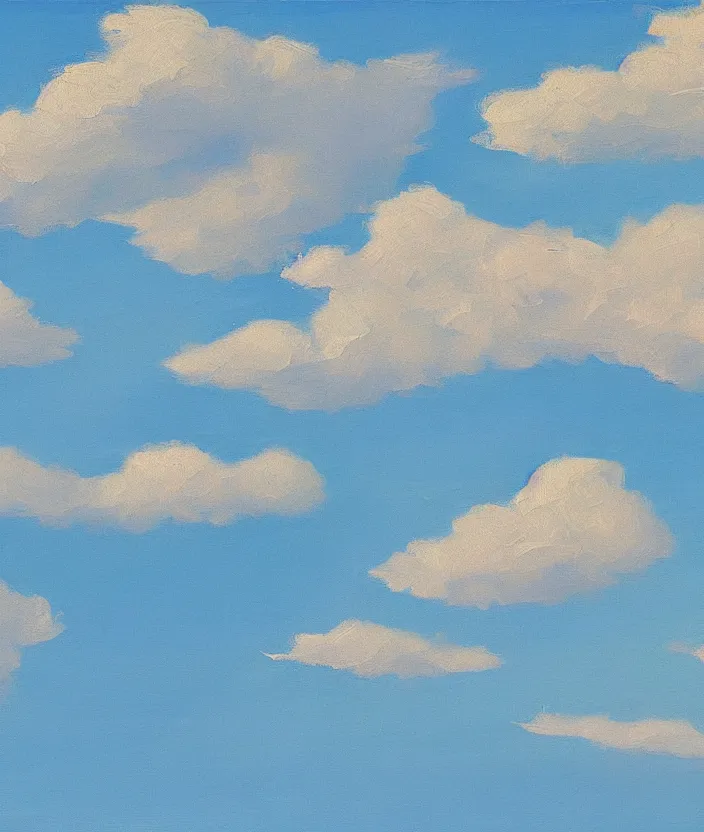 Image similar to baby blue sky with very aesthetic stylized clouds, in the style of edward hopper, very fine brushstrokes, 4 k,